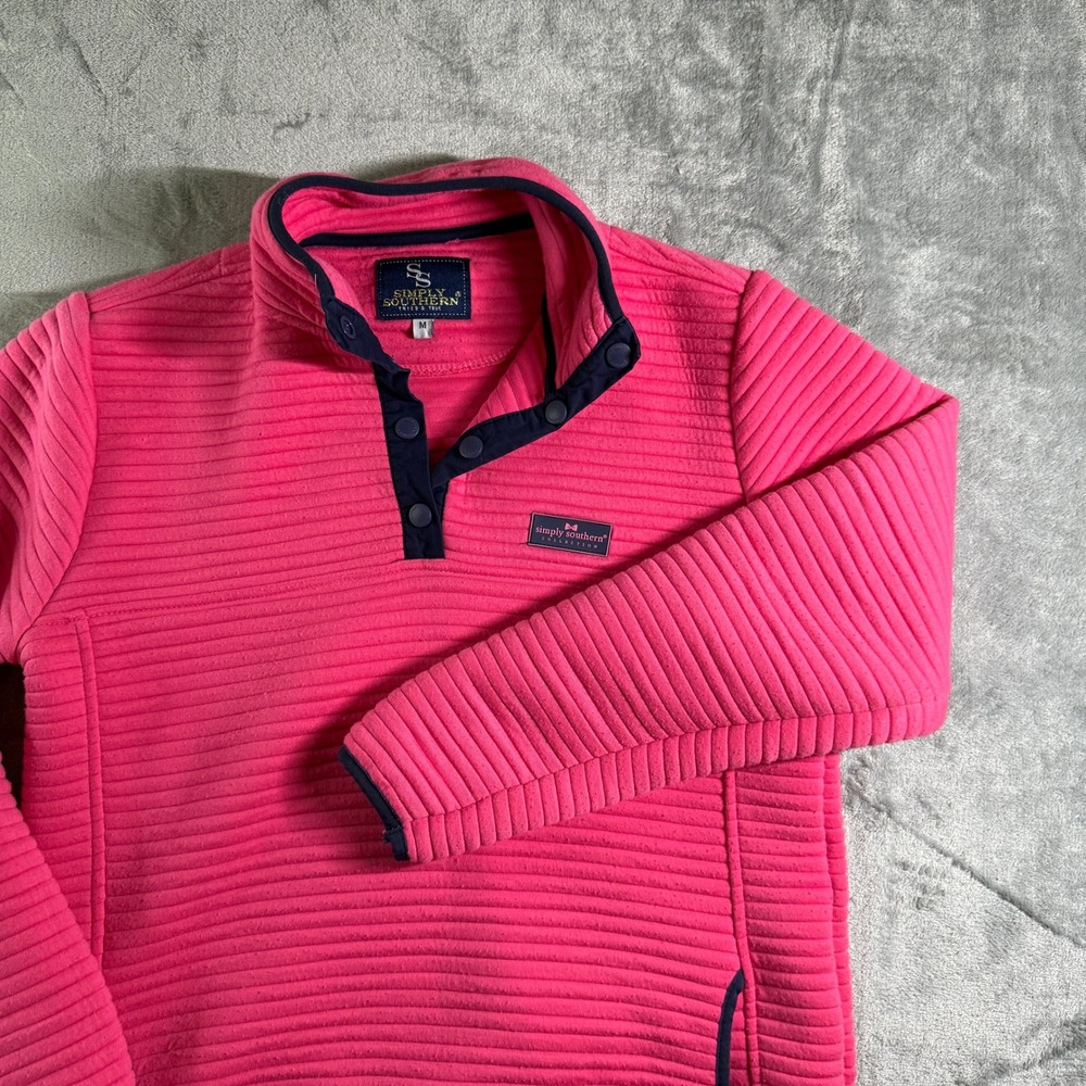 Simply Southern Pullover Sweatshirt Pink Fleece Snap Neck Ribbed Medium